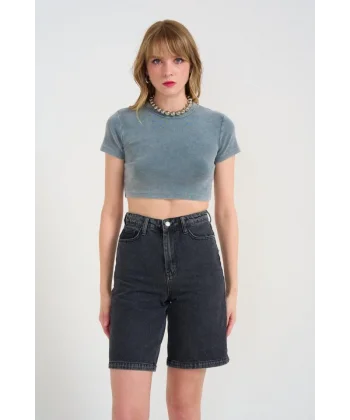 Kısa Bisiklet Yaka Tişört  Gri