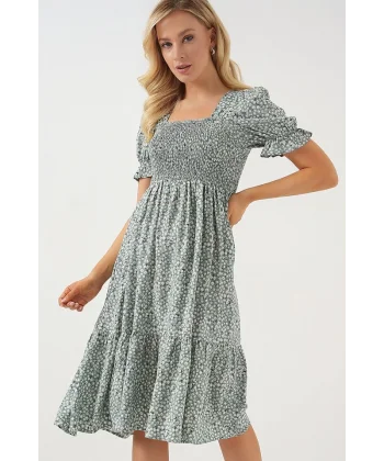 Kısa Kol Çiçekli Elbise 2556 - Mint