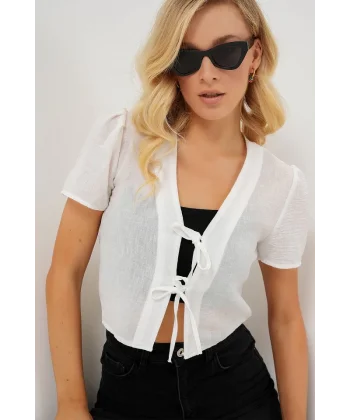 Kısa Kol Crop Bluz 958 - Beyaz