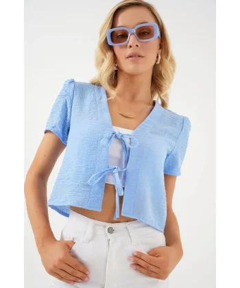 Kısa Kol Crop Bluz 958 - Mavi