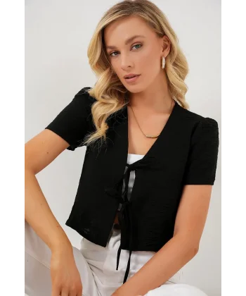 Kısa Kol Crop Bluz 958 - Siyah