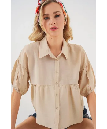 Kısa Kol Crop Gömlek 20335 - Bej