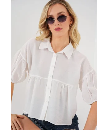 Kısa Kol Crop Gömlek 20335 - Beyaz