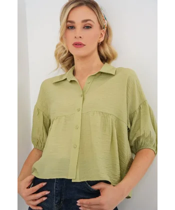 Kısa Kol Crop Gömlek 20335 - E.Yeşil