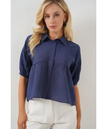 Kısa Kol Crop Gömlek 20335 - İndigo