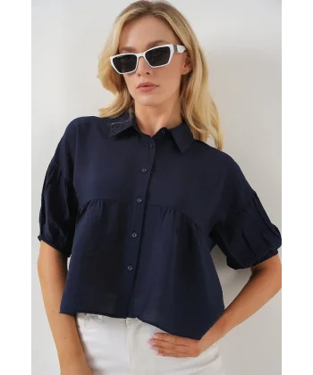 Kısa Kol Crop Gömlek 20335 - Lacivert