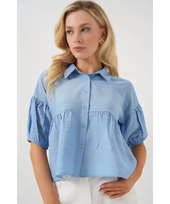 Kısa Kol Crop Gömlek 20335 - Mavi