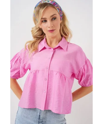 Kısa Kol Crop Gömlek 20335 - Pudra