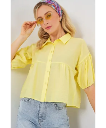 Kısa Kol Crop Gömlek 20335 - Sarı