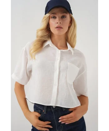 Kısa Kol Crop Gömlek 20341 - Beyaz