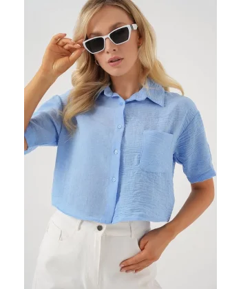 Kısa Kol Crop Gömlek 20341 - Mavi