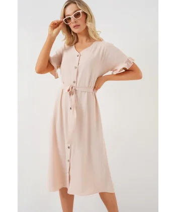 Kısa Kol Düğmeli Elbise 2555 - Krem