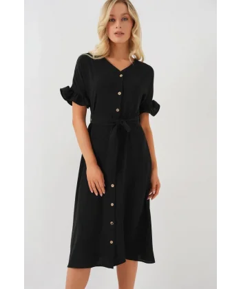Kısa Kol Düğmeli Elbise 2555 - Siyah
