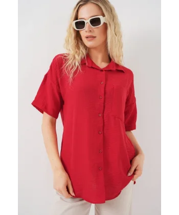 Kısa Kol Keten Görünümlü Gömlek 20336 - Kırmızı