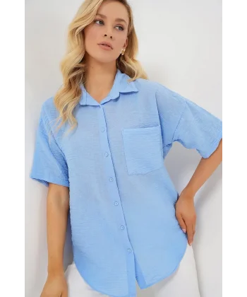 Kısa Kol Keten Görünümlü Gömlek 20336 - Mavi