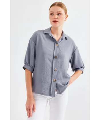 Kısa Kol Oversize Keten Gömlek 202  Gri