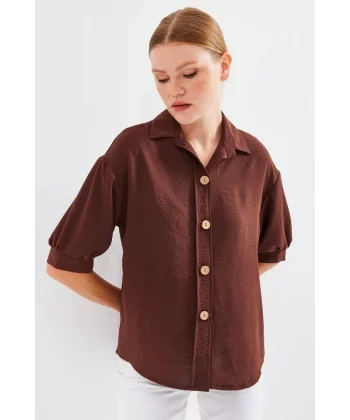 Kısa Kol Oversize Keten Gömlek 202  Kahverengi