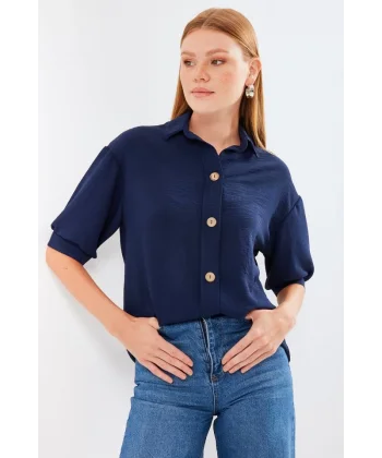 Kısa Kol Oversize Keten Gömlek 202  Lacivert