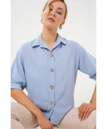 Kısa Kol Oversize Keten Gömlek 20240 - B.Mavi
