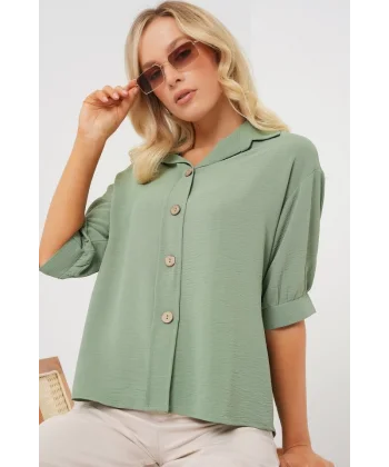 Kısa Kol Oversize Keten Gömlek 20240 - Çağla