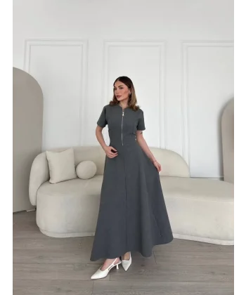 Kısa Kollu Önden Fermuarlı Çan Etekli Uzun Elbise - Antrasit