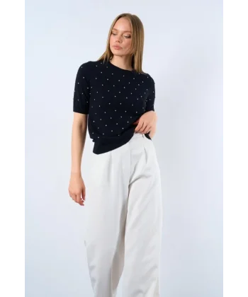 Kısa Kollu Taşlı Kazak - Siyah