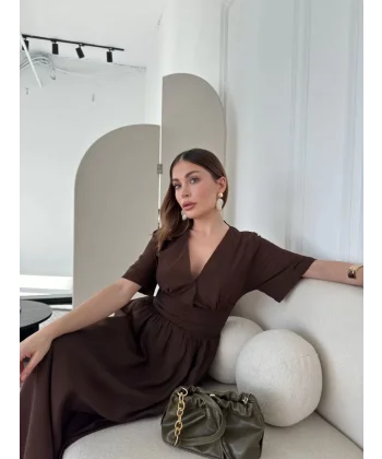 Kısa Kollu Uzun Elbise - Kahve