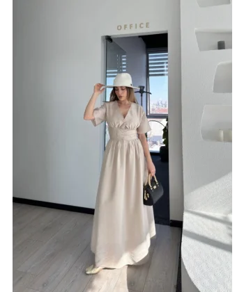 Kısa Kollu Uzun Elbise  Kırık Beyaz