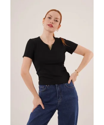 Kısa Kollu Yaka Detaylı Kaşkorse iyah Bluz