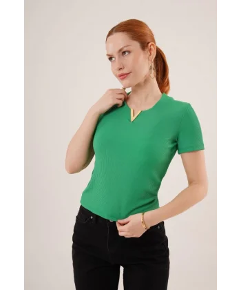 Kısa Kollu Yaka Detaylı Kaşkorse Yeşil Bluz