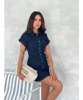 Kısa Kolu Mini Kot Kumaşından Likralı Elbise - Lacivert