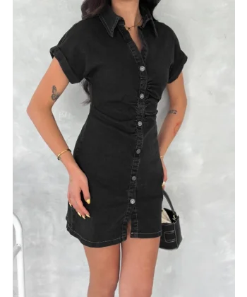 Kısa Kolu Mini Kot Kumaşından Likralı Elbise - Siyah