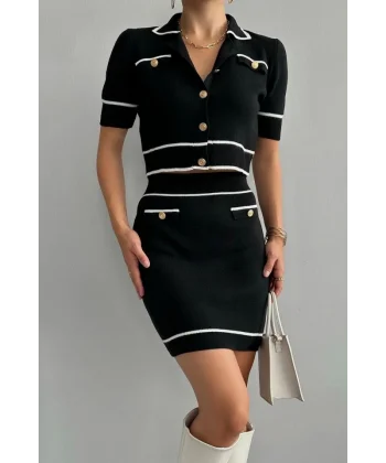 Kısa Triko Etekli Takım  SiyahKrem