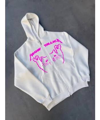 Kışlık Baskılı Fermuarlı Kapüşonlu Hırka - Beyaz