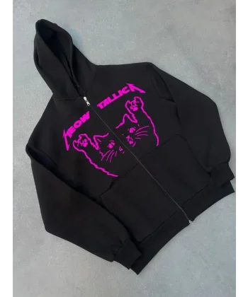 Kışlık Baskılı Fermuarlı Kapüşonlu Hırka - Siyah