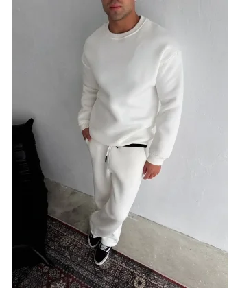 Kışlık Bisiklet Yaka Basic Eşofman Takım - Beyaz