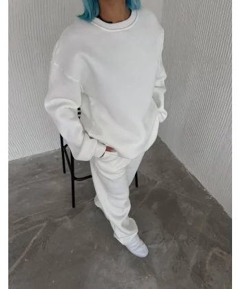 Kışlık Bisiklet Yaka Basic Eşofman Takım - Beyaz