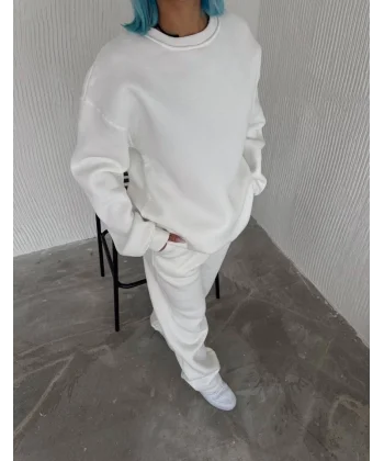 Kışlık Bisiklet Yaka Basic Eşofman Takım  Beyaz