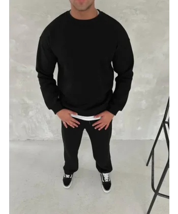 Kışlık Bisiklet Yaka Basic Eşofman Takım - Siyah