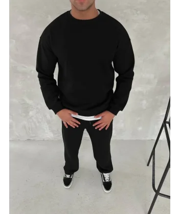 Kışlık Bisiklet Yaka Basic Eşofman Takım - Siyah