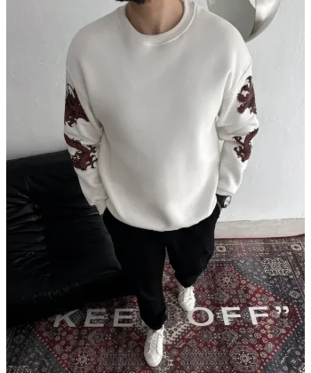 Kışlık Bisiklet Yaka Baskılı SweatShirt - Beyaz