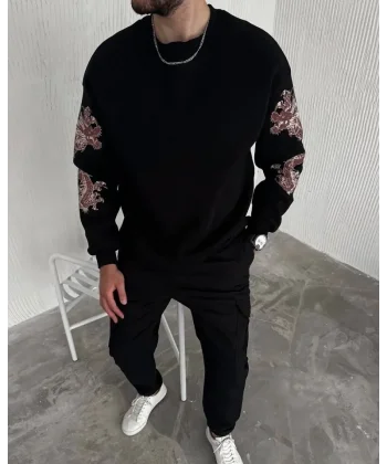 Kışlık Bisiklet Yaka Baskılı SweatShirt - Siyah