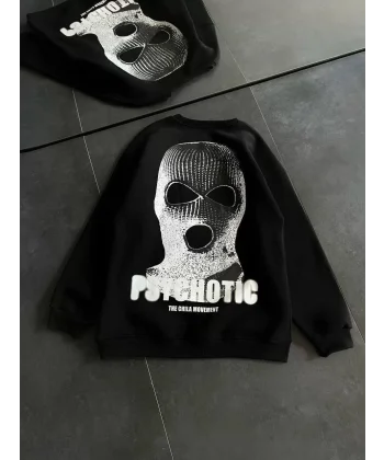 Kışlık Bisiklet Yaka Baskılı SweatShirt - Siyah