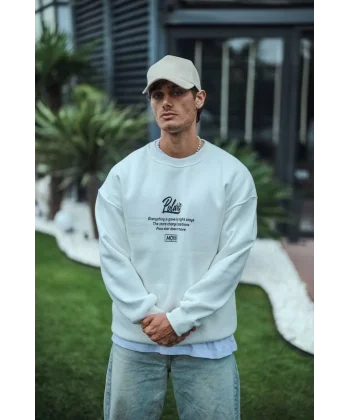 Kışlık Bisiklet Yaka Ön Ve Arka Baskılı SweatShirt - Beyaz
