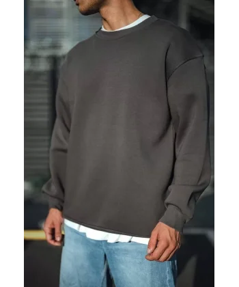 Kışlık Bisiklet Yaka Üç İplik Basic SweatShirt - Antrasit