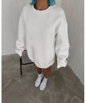 Kışlık Bisiklet Yaka Üç İplik Basic SweatShirt - Beyaz