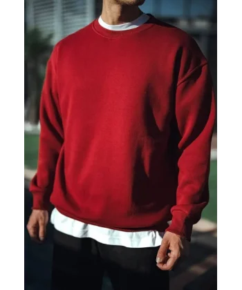 Kışlık Bisiklet Yaka Üç İplik Basic SweatShirt - Bordo