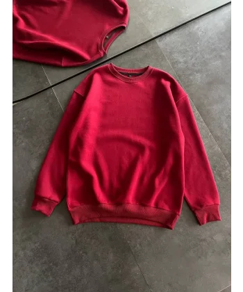 Kışlık Bisiklet Yaka Üç İplik Basic SweatShirt - Bordo