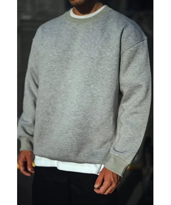 Kışlık Bisiklet Yaka Üç İplik Basic SweatShirt - Gri