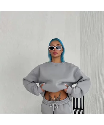 Kışlık Bisiklet Yaka Üç İplik Basic SweatShirt - Gri